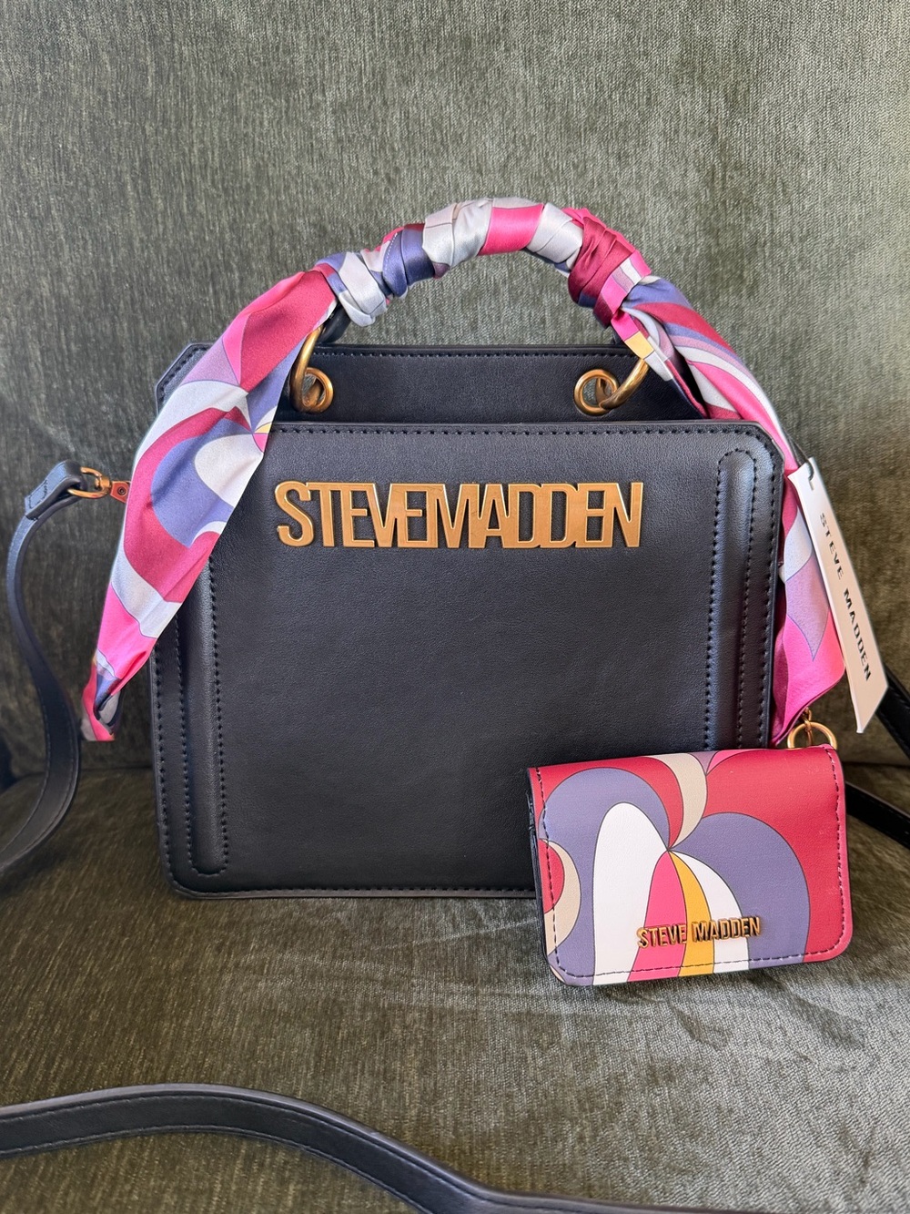 Steve Madden Black Satchel with Pink & Purple Scarf Accent